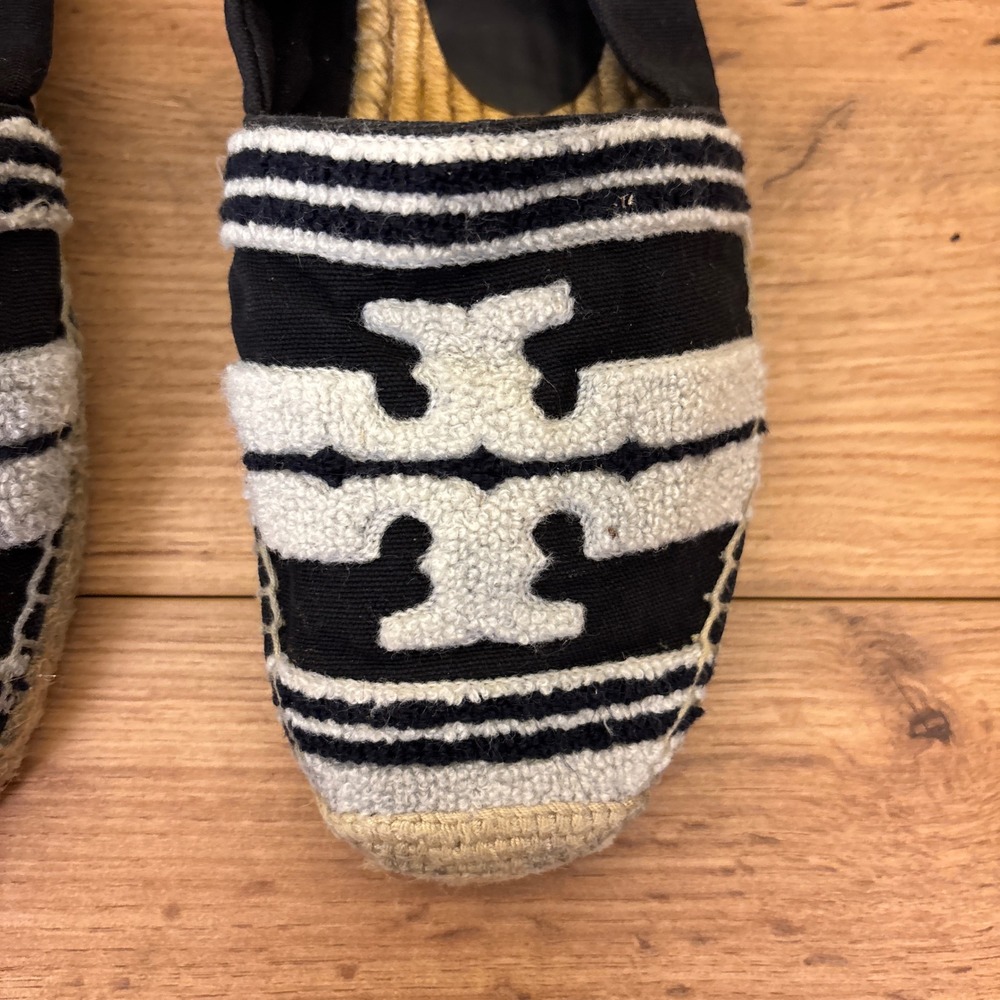 TORY BURCH Womens Double T Espadrille Flats Size 8.5 Black‎ White Stripe Casual - Picture 6 of 11
